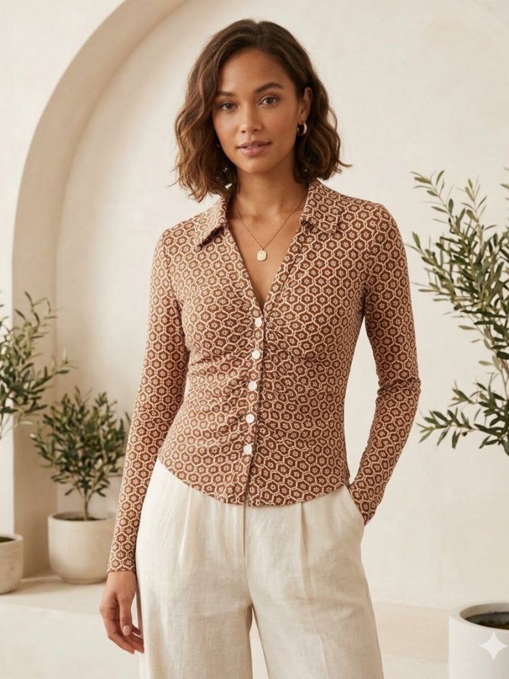 Maeve ruched, cotton blend, geometric long sleeve blouse, size L